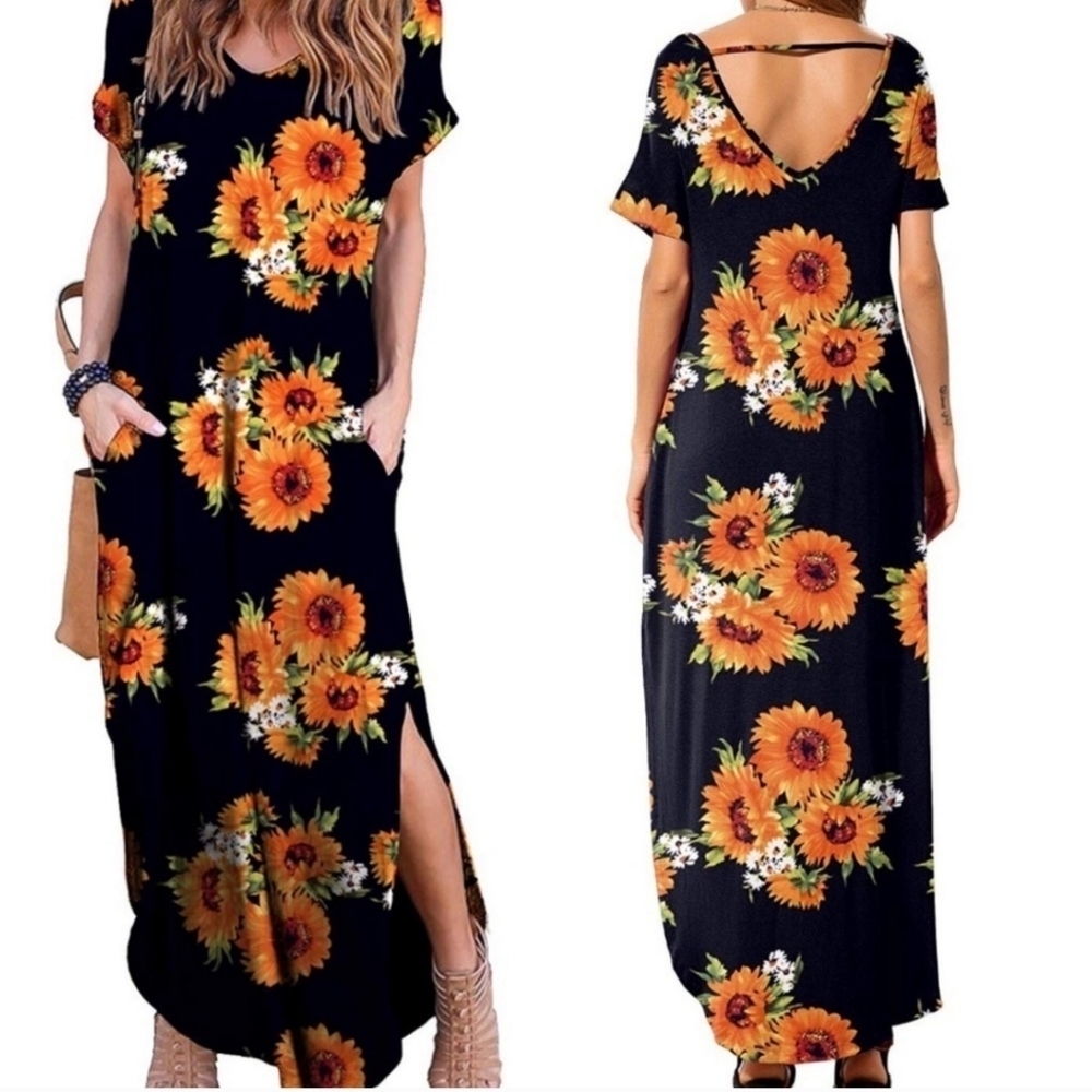 Rayon Spandex Side Slit Short Sleeve Floral Maxi Dress Size XL